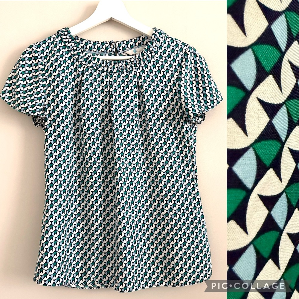 Boden Carey Silk Blend Blouse Short Sleeve Blue Green Geometric Pattern US 2